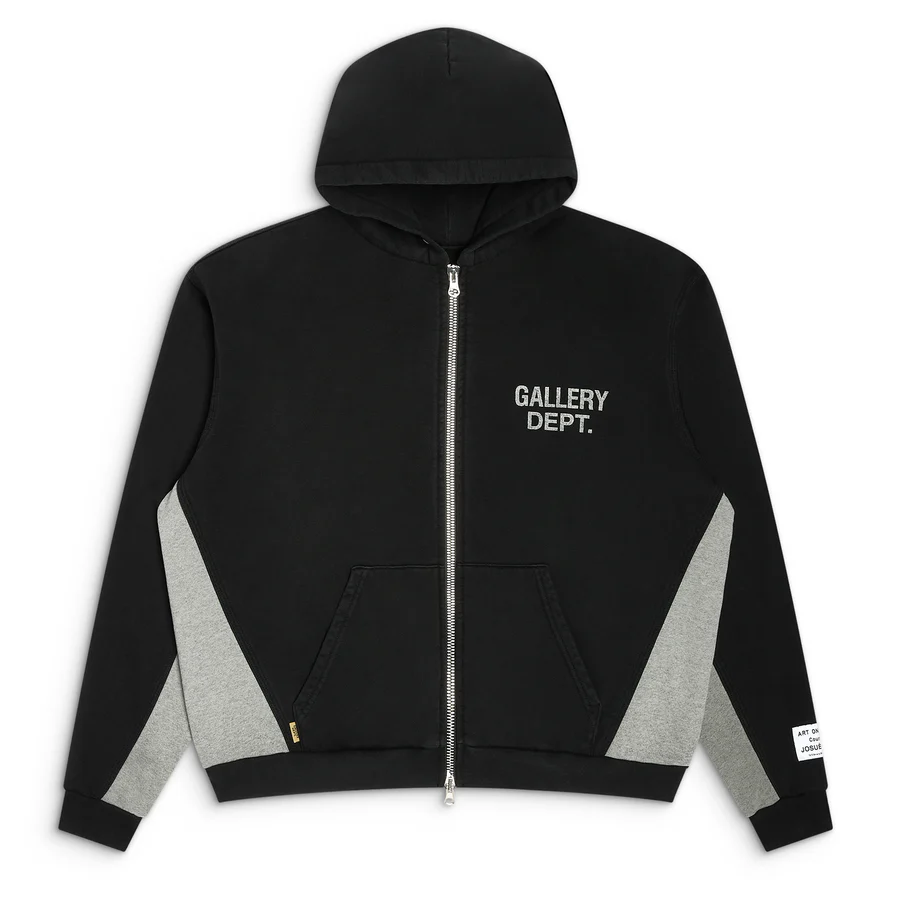 GD CONTRAST PANEL Zip Up Hoodie Washed Black Front GD CONTRAST PANEL Zip Up Hoodie Washed Black Front